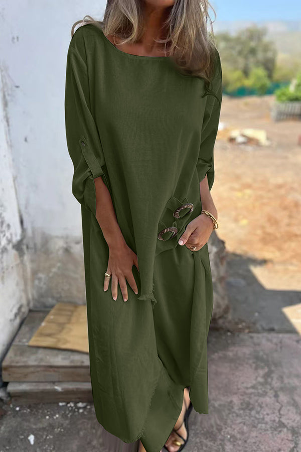 Ring Detail Button Tab Sleeve Asymmetrical Frayed Hem Tunic Wide Leg Two Piece Set