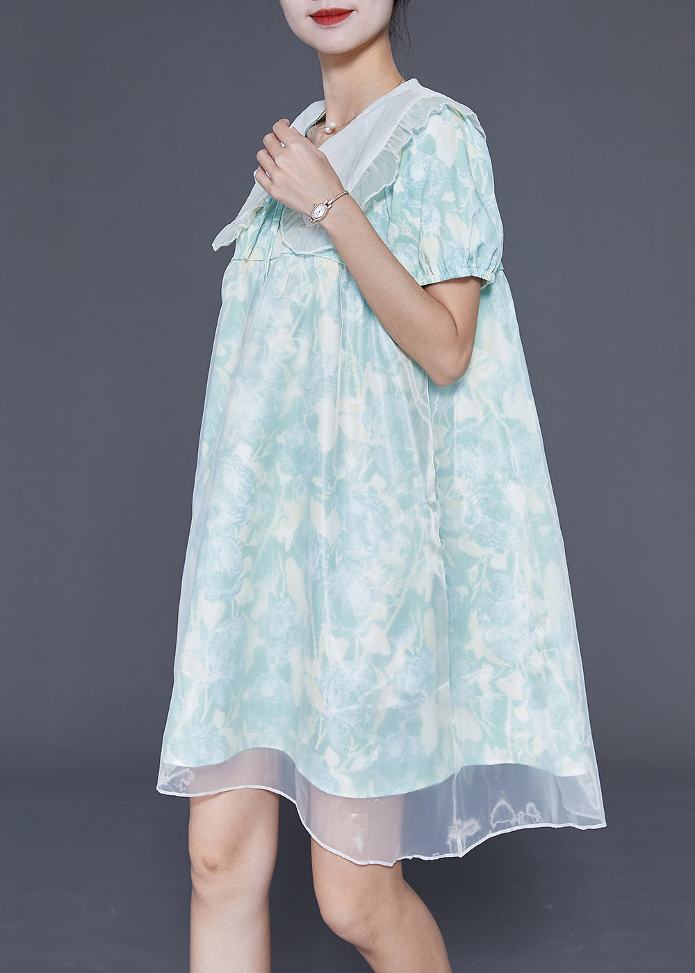 Floral Print Peter Pan Collar Puff Sleeve Sheer Overlay Babydoll Mini Dress