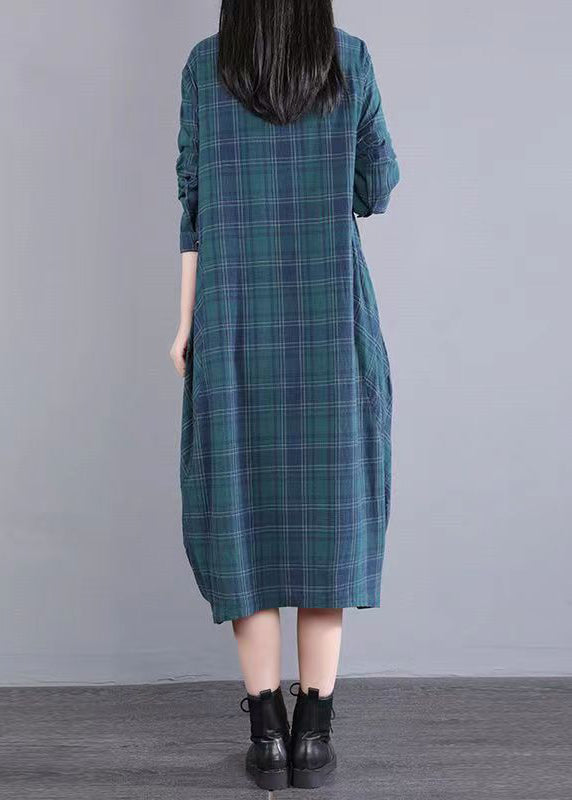 Plaid Check Print Stand Collar Button Down Long Sleeve Pocket Shirt Midi Dress