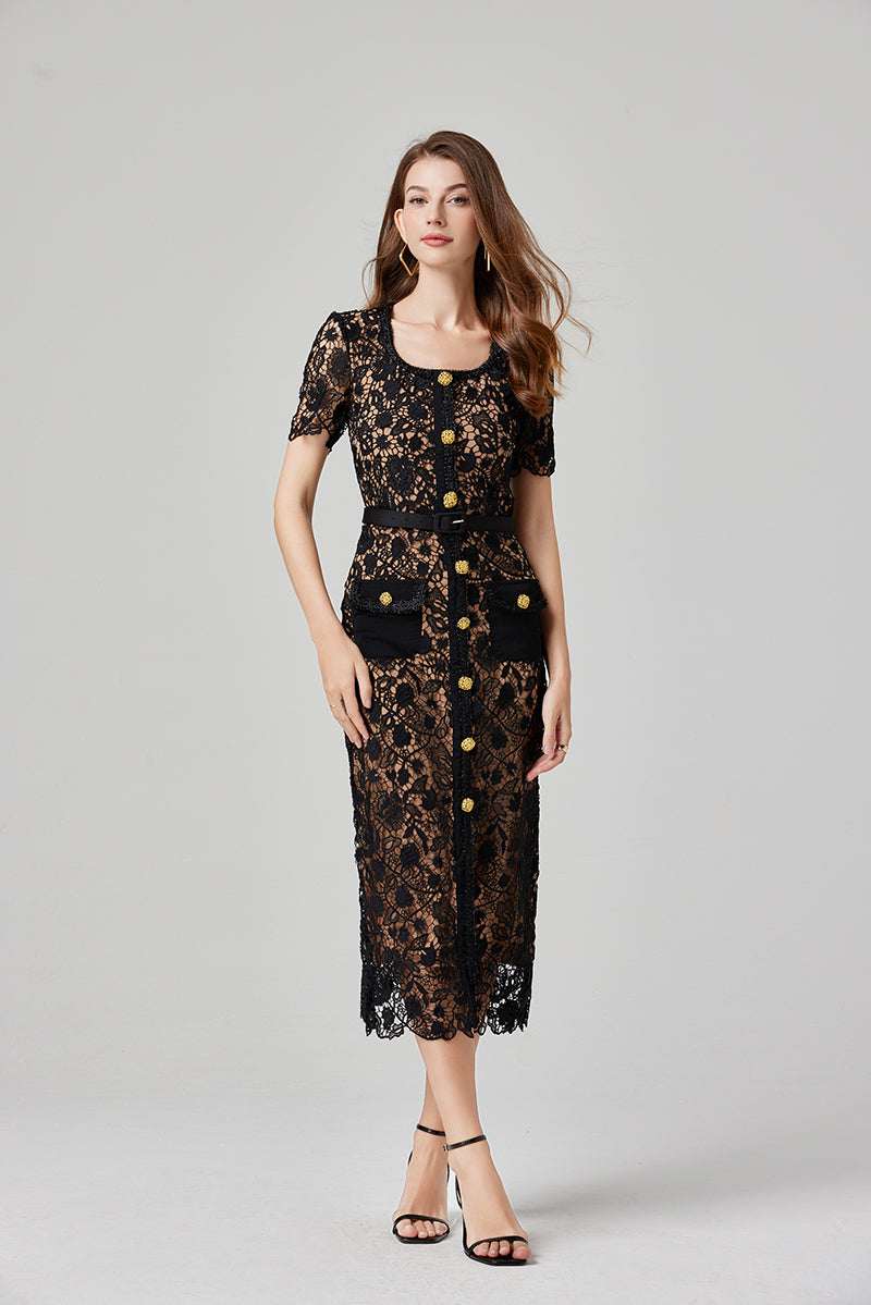 Floral Lace Square Neck Short Sleeve Button Front Belted Patch Pocket Midi Dress
