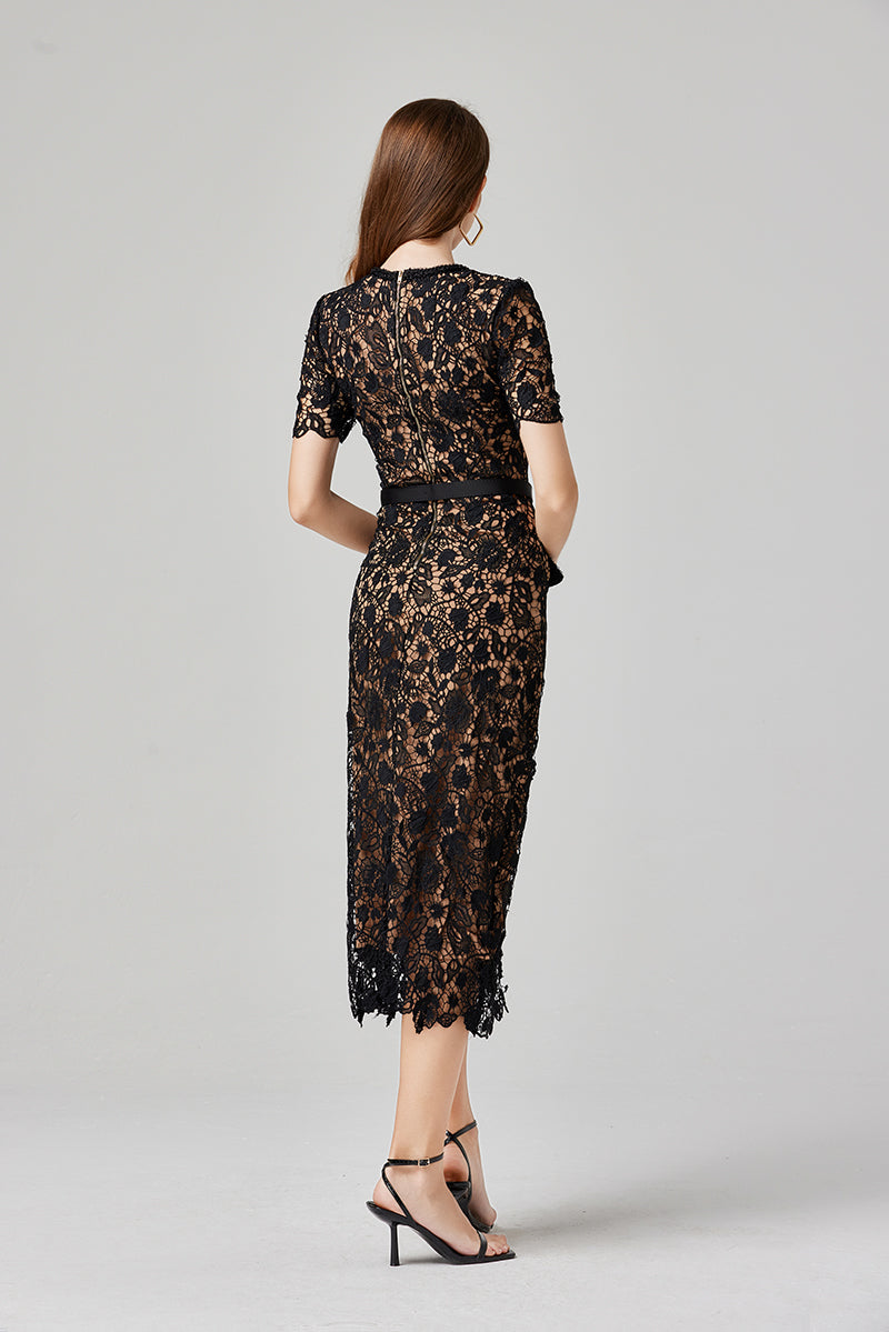 Floral Lace Square Neck Short Sleeve Button Front Belted Patch Pocket Midi Dress
