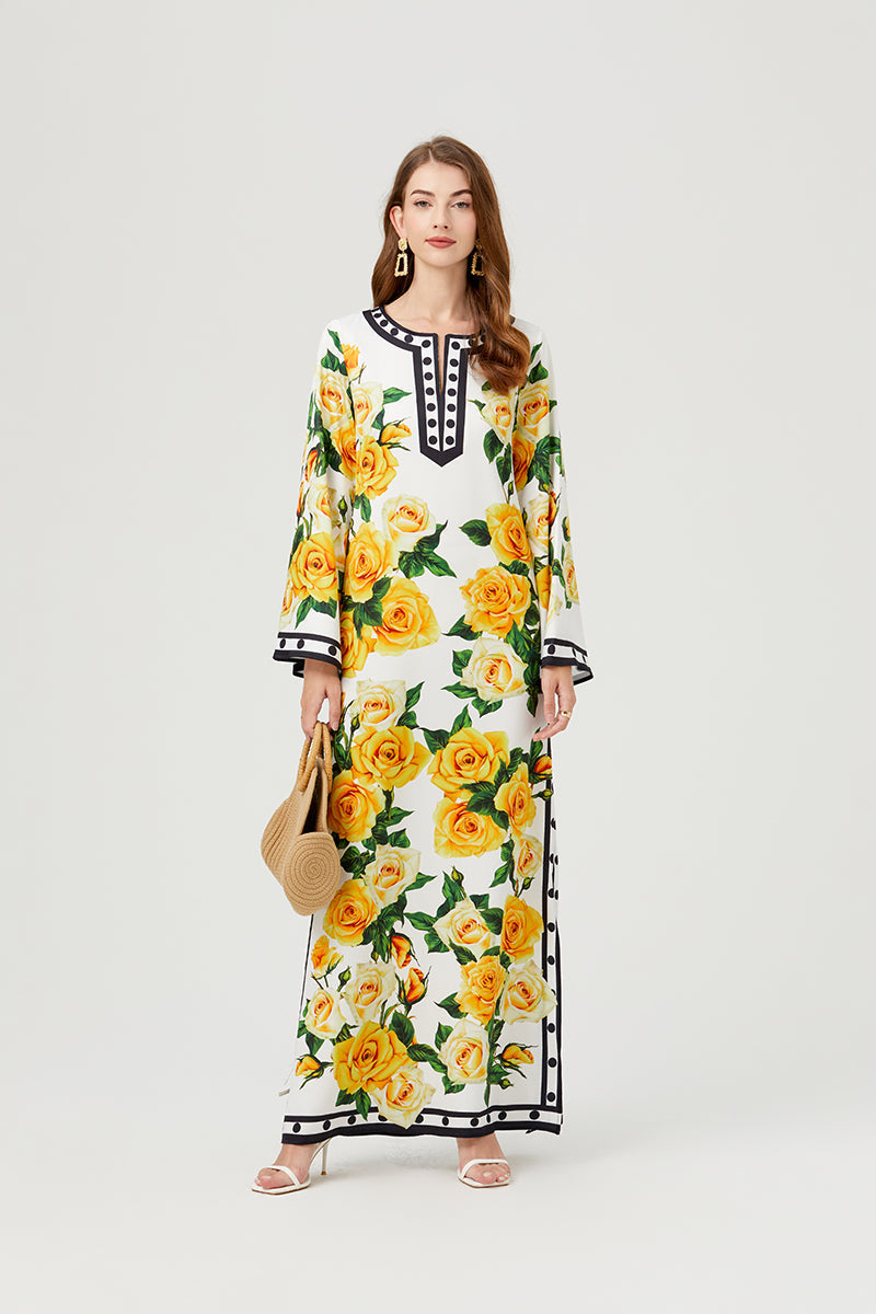 Fall Button Floral Chic A Line Maxi Dress