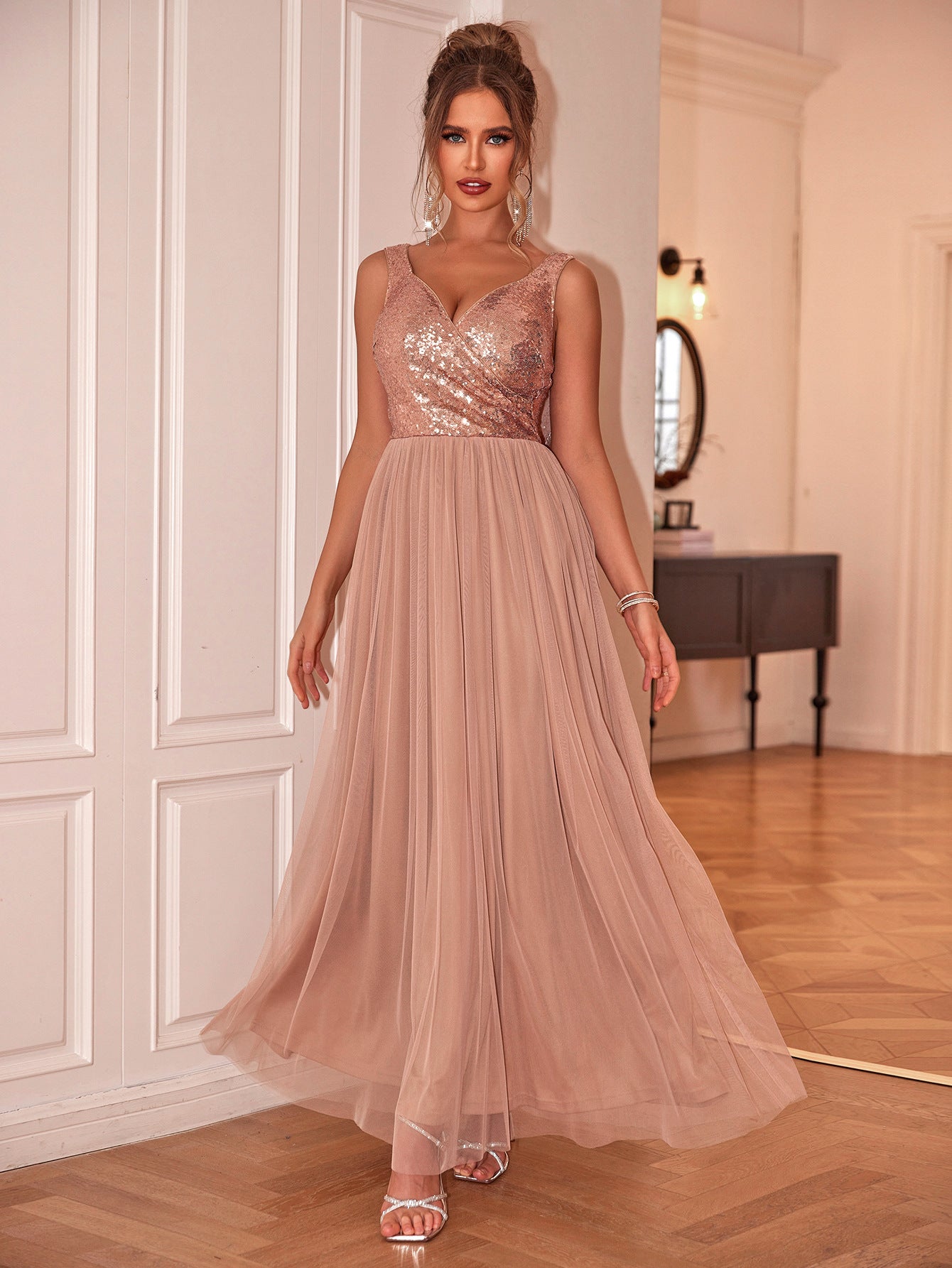 Spring Summer Women Sleeveless Dress V neck Sequined Elegant Chiffon Stitching Evening Dress