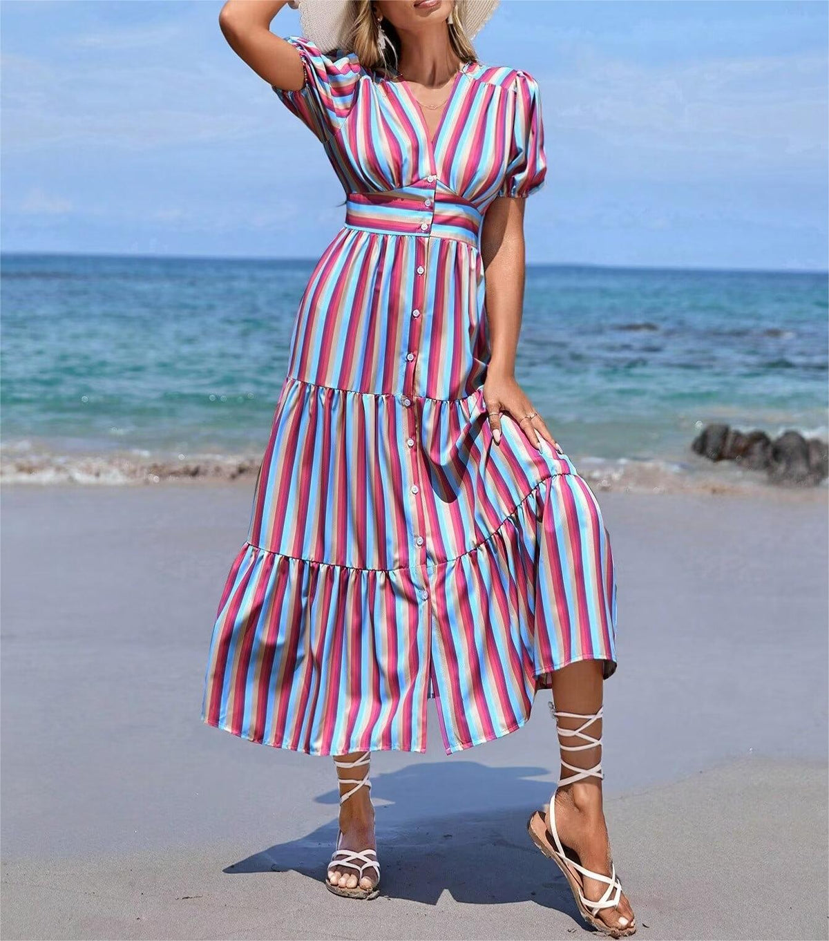 Spring Women Clothing V Neck Short Sleeve High Waist Striped Dress Women