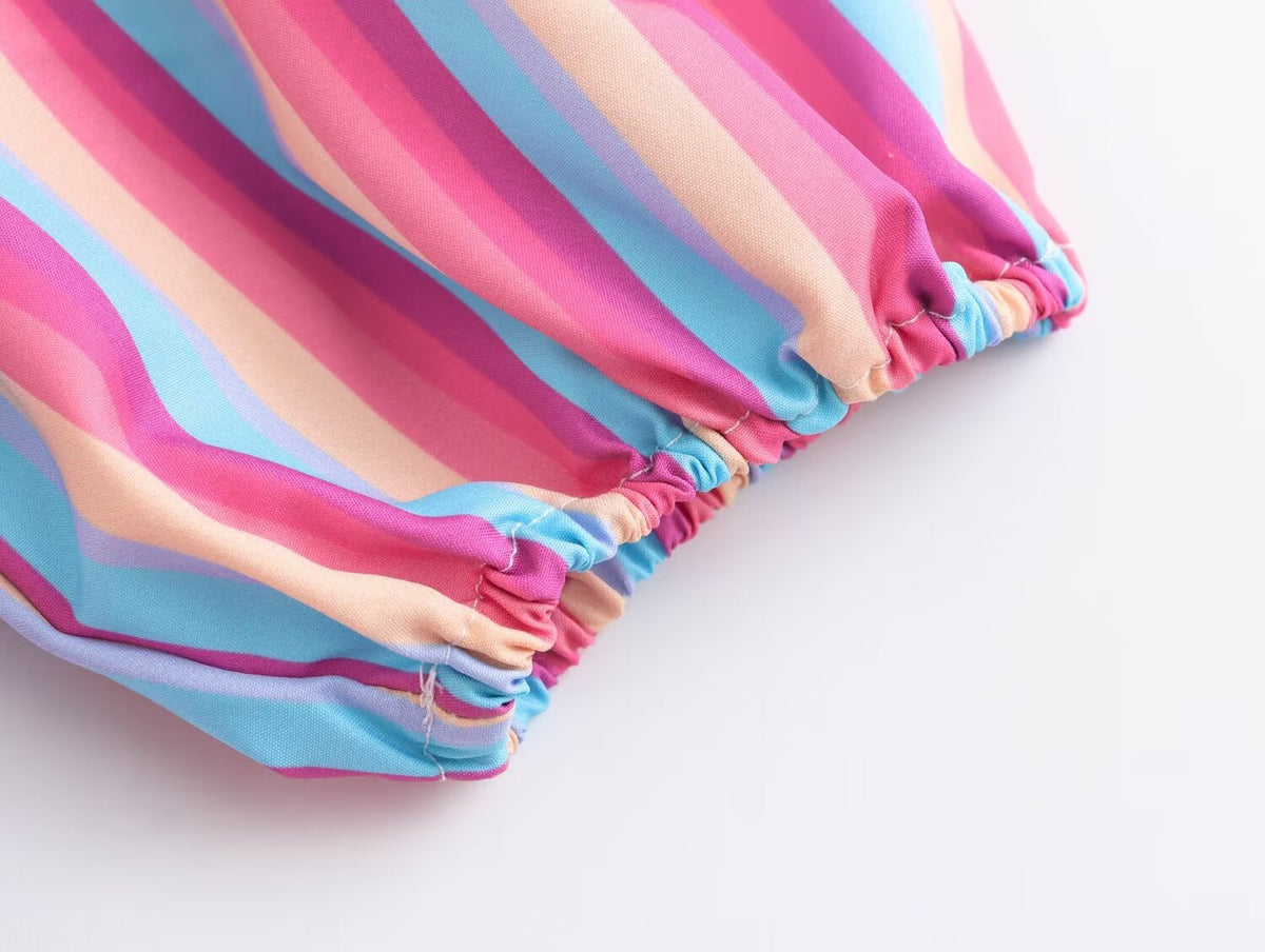 Spring Women Clothing V Neck Short Sleeve High Waist Striped Dress Women