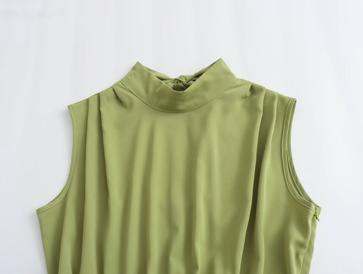 Mock Neck Sleeveless Pleated Shoulder High Split Midi Dress 4