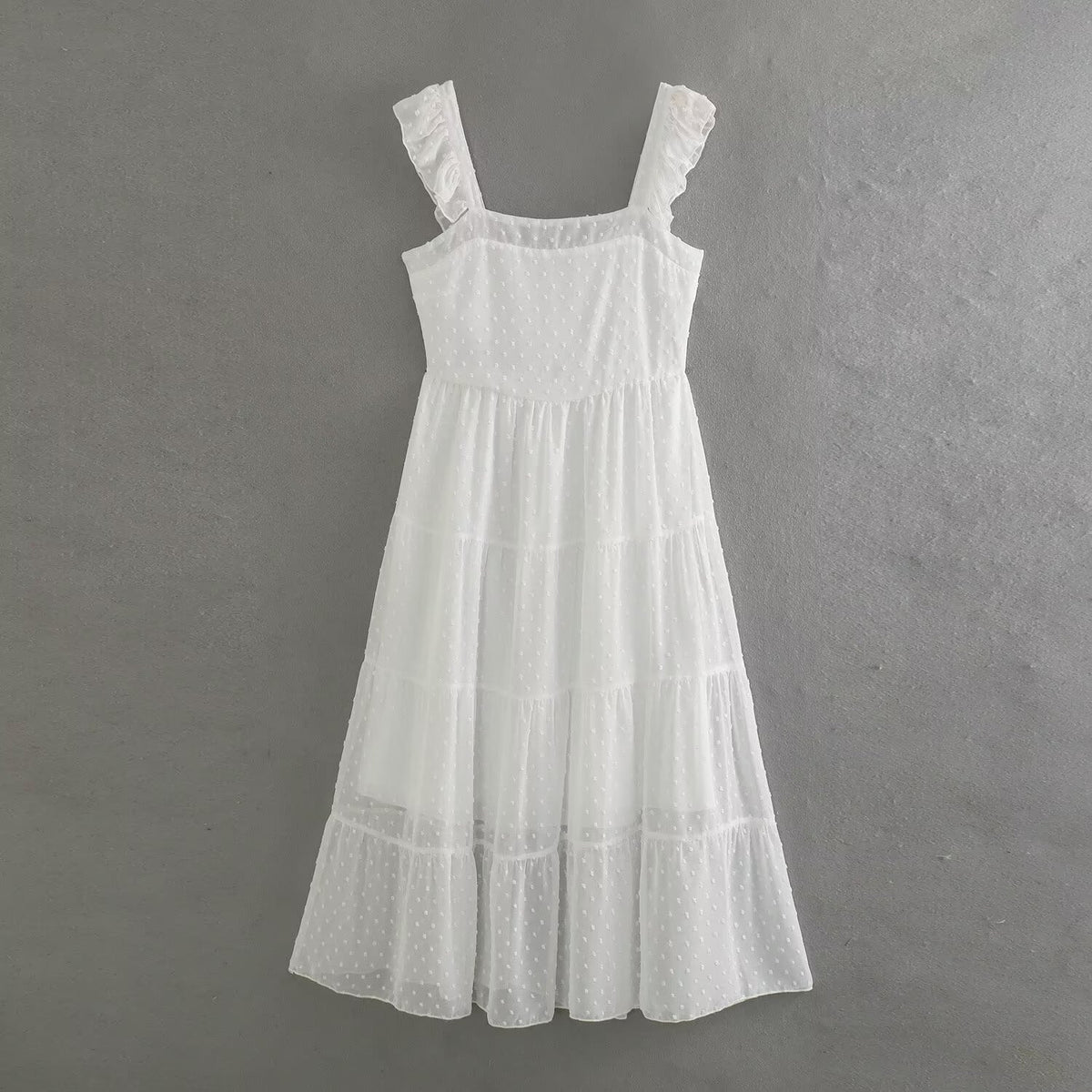 Swiss Dot Ruffle Strap Sweetheart Neck Tiered Midi Dress 2