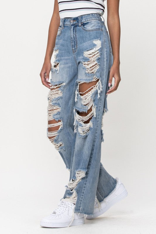 Denim Hole Distressed Wide Leg Tassel Jeans