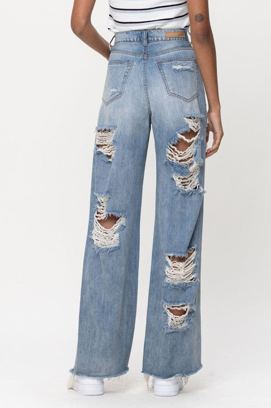 Denim Hole Distressed Wide Leg Tassel Jeans