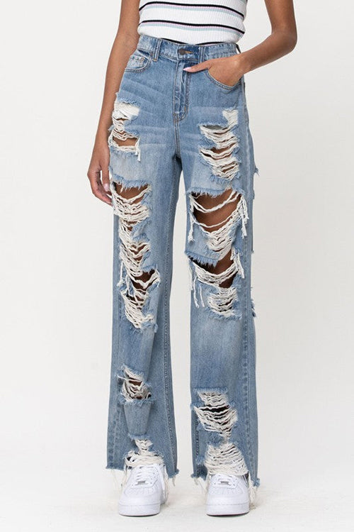 Denim Hole Distressed Wide Leg Tassel Jeans