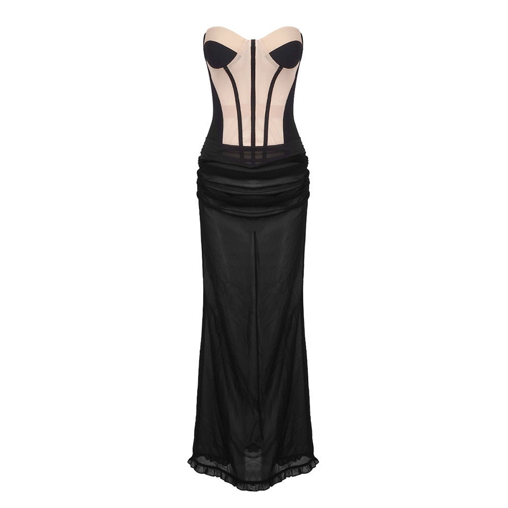 Strapless Corset Mesh Illusion Vertical Boning Bodycon Maxi Gown