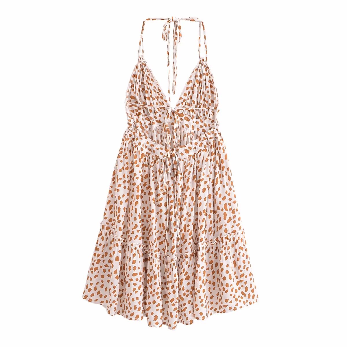 Animal Print Halter Neck Deep V-Neck Tiered Backless Mini Dress 9