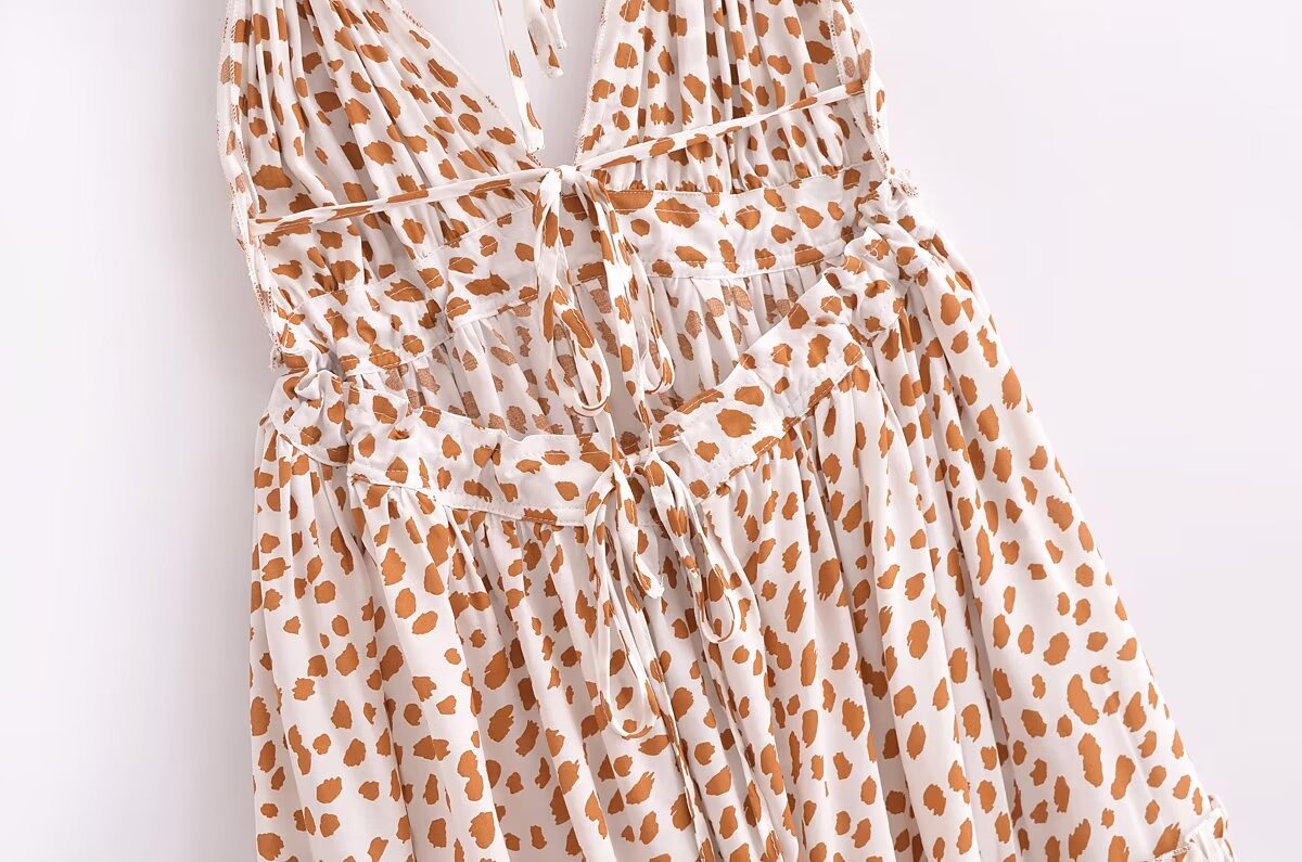 Animal Print Halter Neck Deep V-Neck Tiered Backless Mini Dress 11