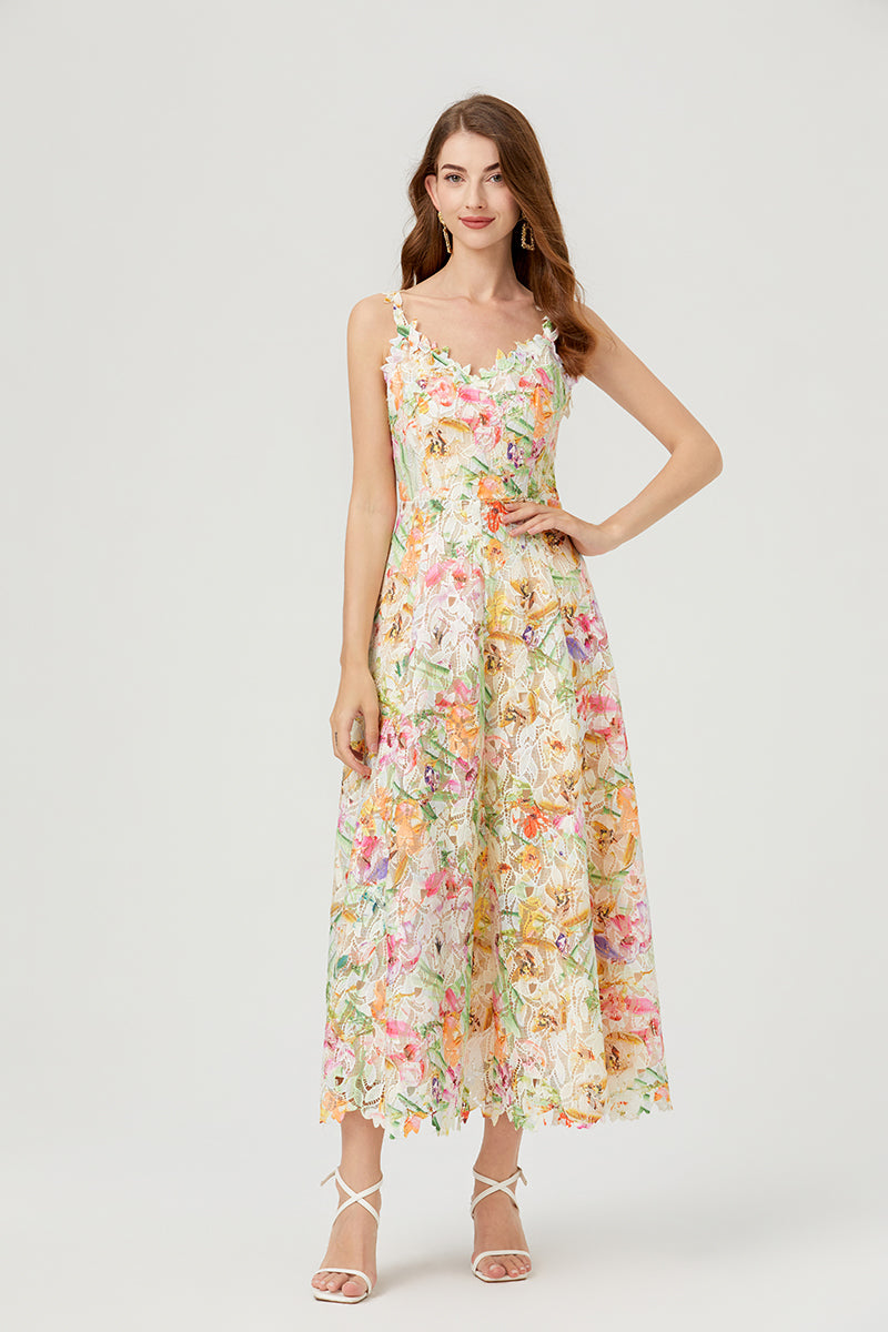 Floral Lace V-Neck Spaghetti Strap Fit and Flare Midi Dress
