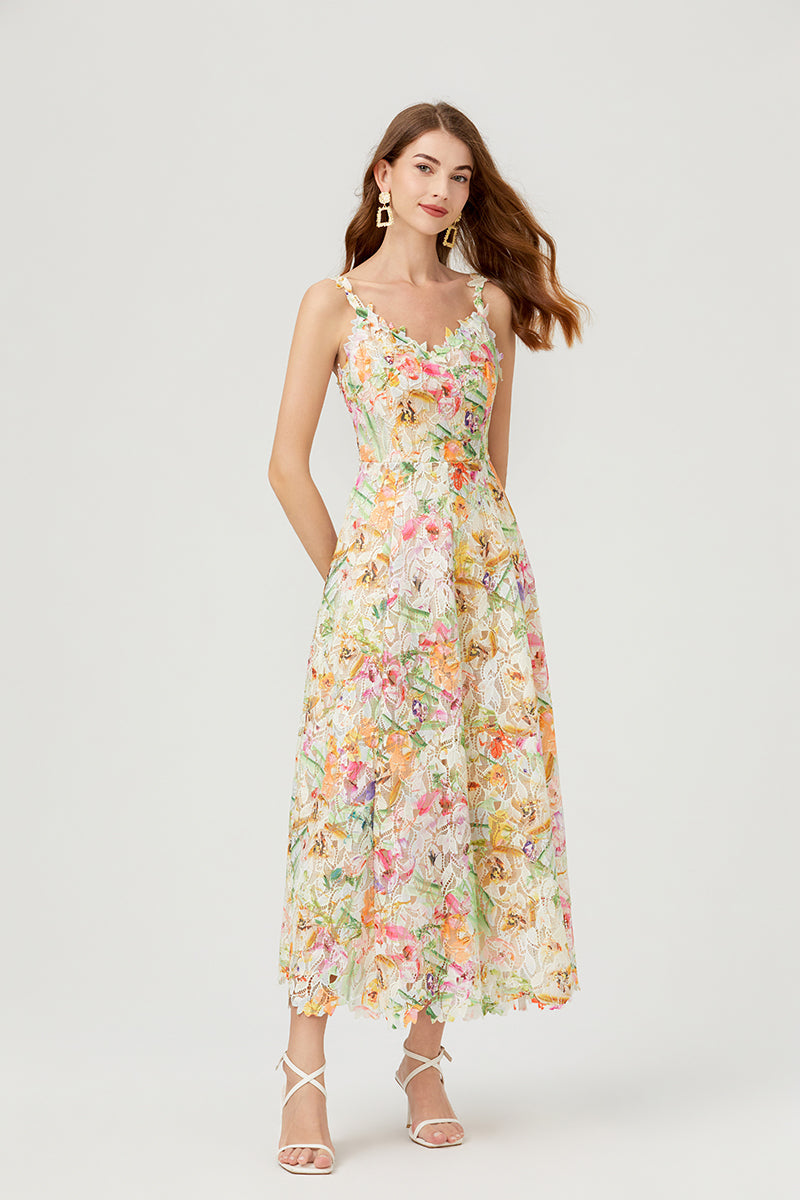 Floral Lace V-Neck Spaghetti Strap Fit and Flare Midi Dress