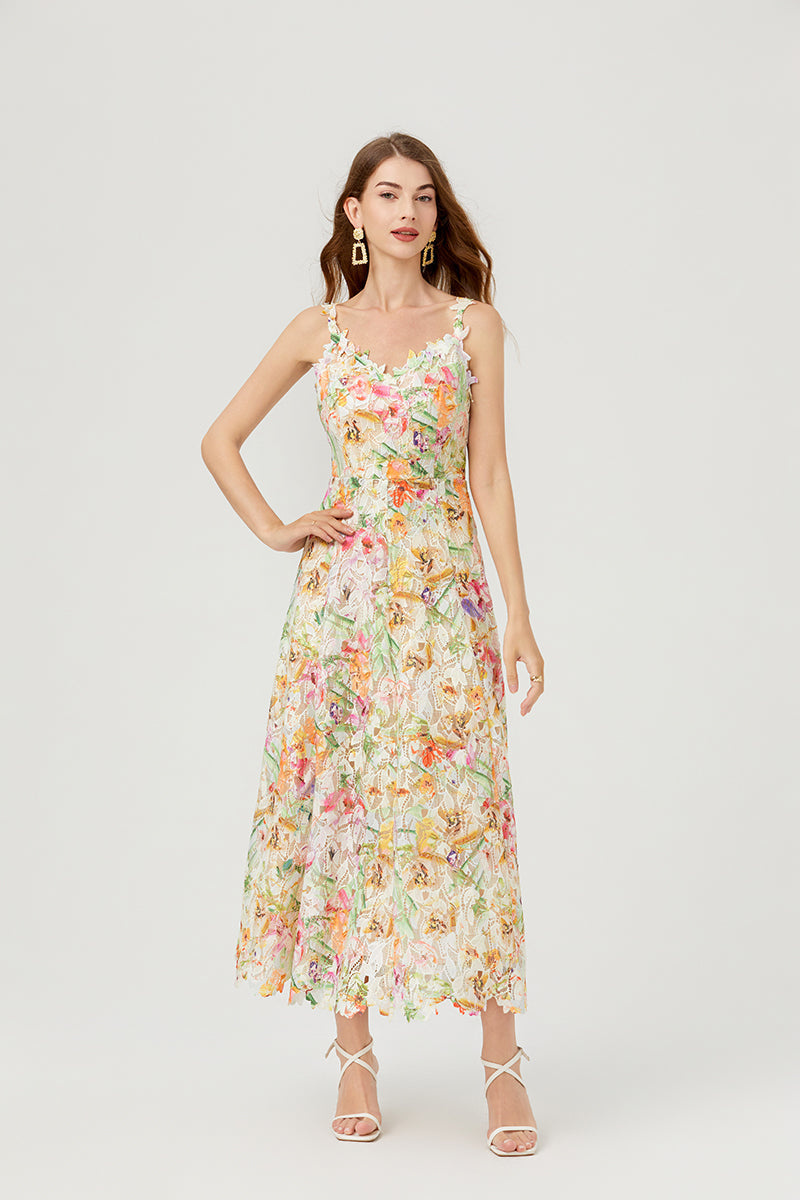 Floral Lace V-Neck Spaghetti Strap Fit and Flare Midi Dress