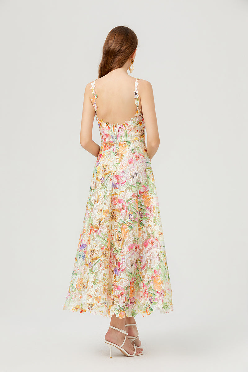 Floral Lace V-Neck Spaghetti Strap Fit and Flare Midi Dress