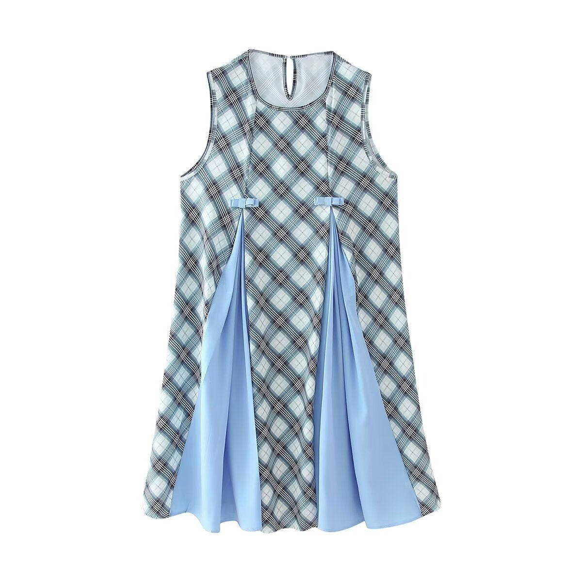 Plaid Crew Neck Sleeveless Bow Detail Contrast Pleat Mini Dress 3