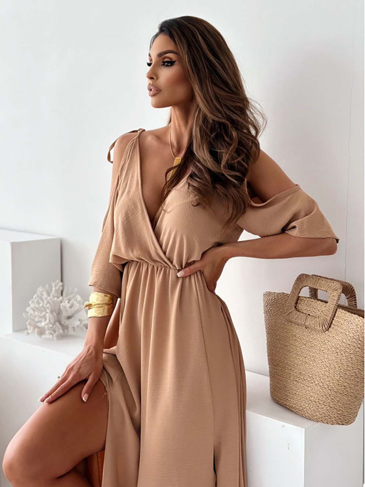 Patricia Minimalist Dress with V Neck and Side Slit Statement Occasion Edit
