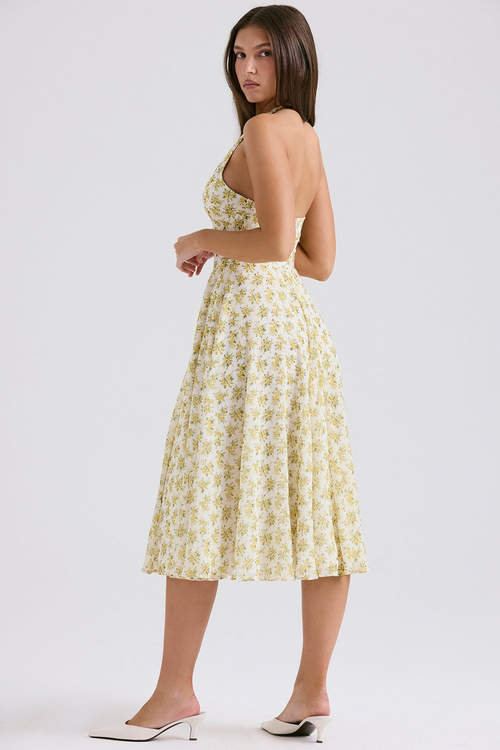 Ditsy Floral Halter Neck Plunge Fit and Flare Midi Dress 7