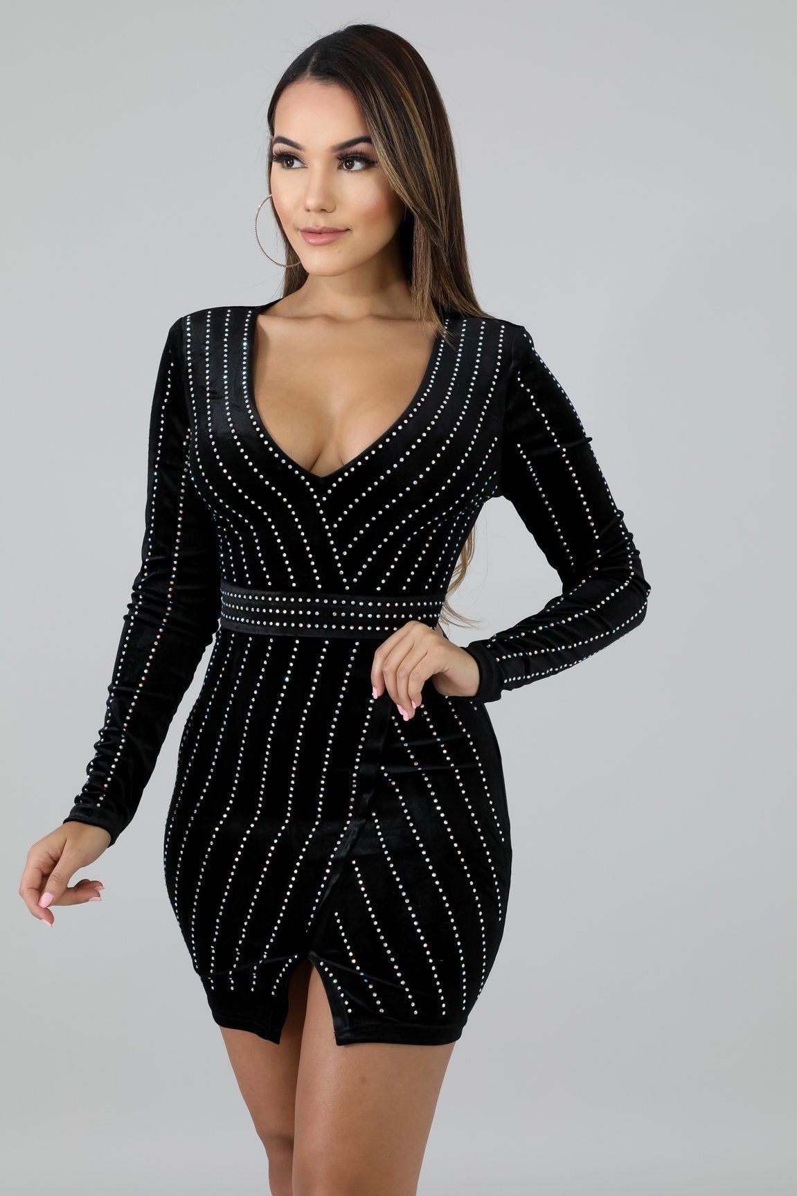 Velvet Deep V-Neck Long Sleeve Rhinestone Wrap Bodycon Mini Dress