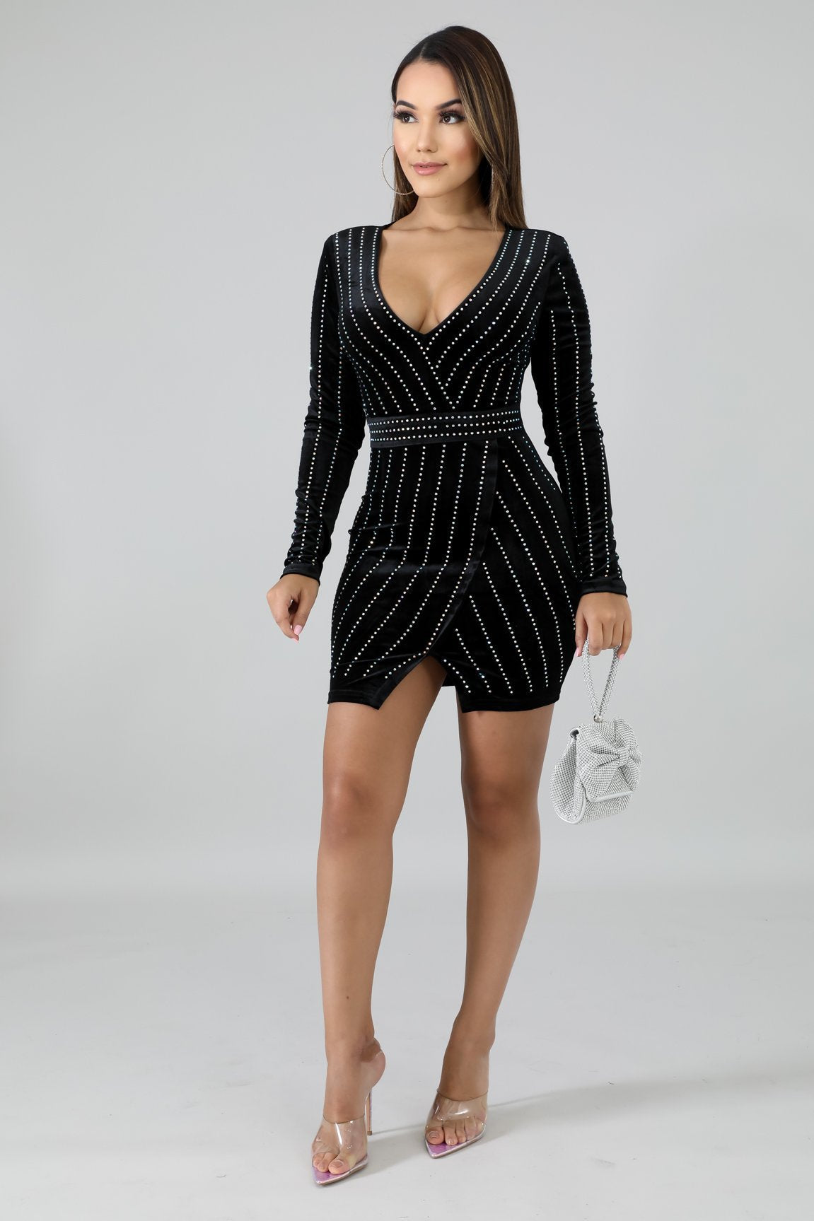 Velvet Deep V-Neck Long Sleeve Rhinestone Wrap Bodycon Mini Dress