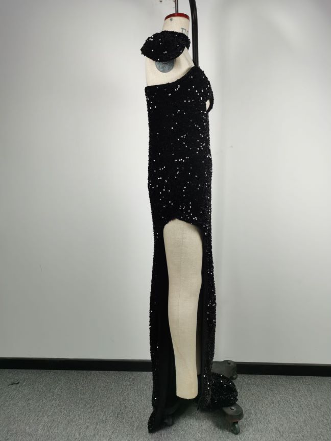Sequin Strapless Choker Cut Out High Split Mermaid Gown