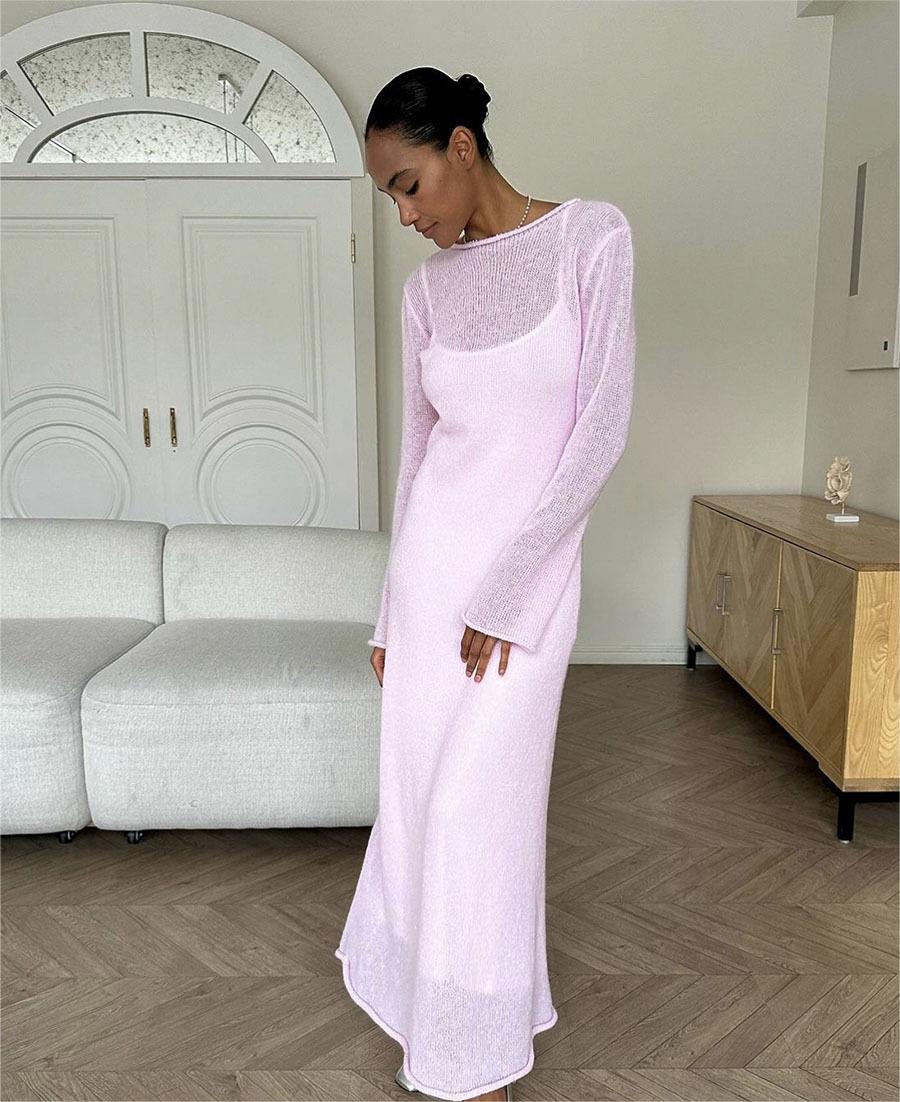 Sheer Knit Long Sleeve Boat Neck Maxi Dress Over Slip Two Piece Set 11