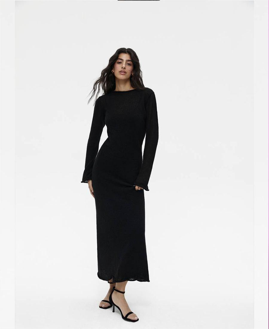 Sheer Knit Long Sleeve Boat Neck Maxi Dress Over Slip Two Piece Set 10