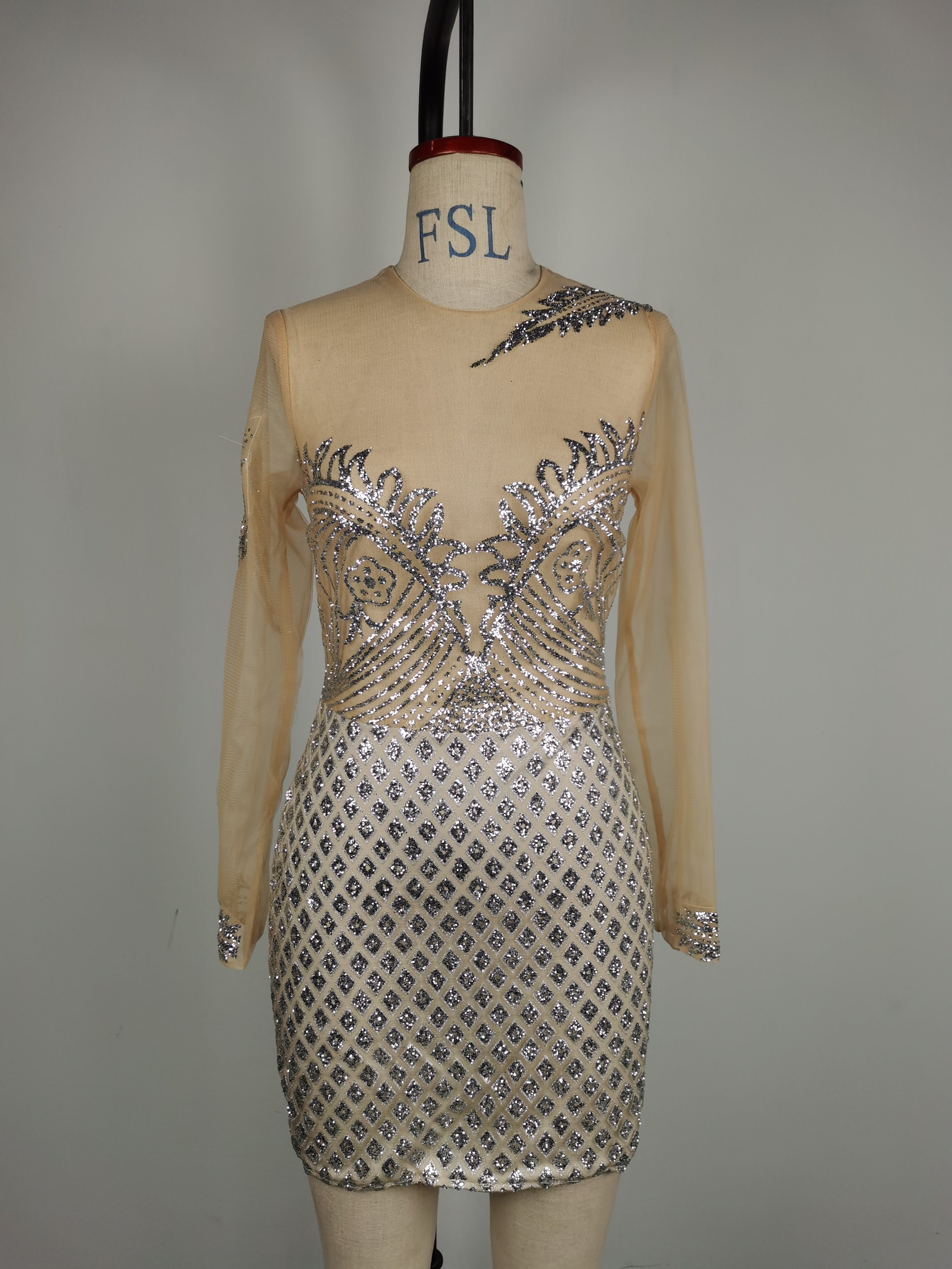 Sequin Diamond Lattice Mesh Long Sleeve Crew Neck Bodycon Mini Cocktail Dress