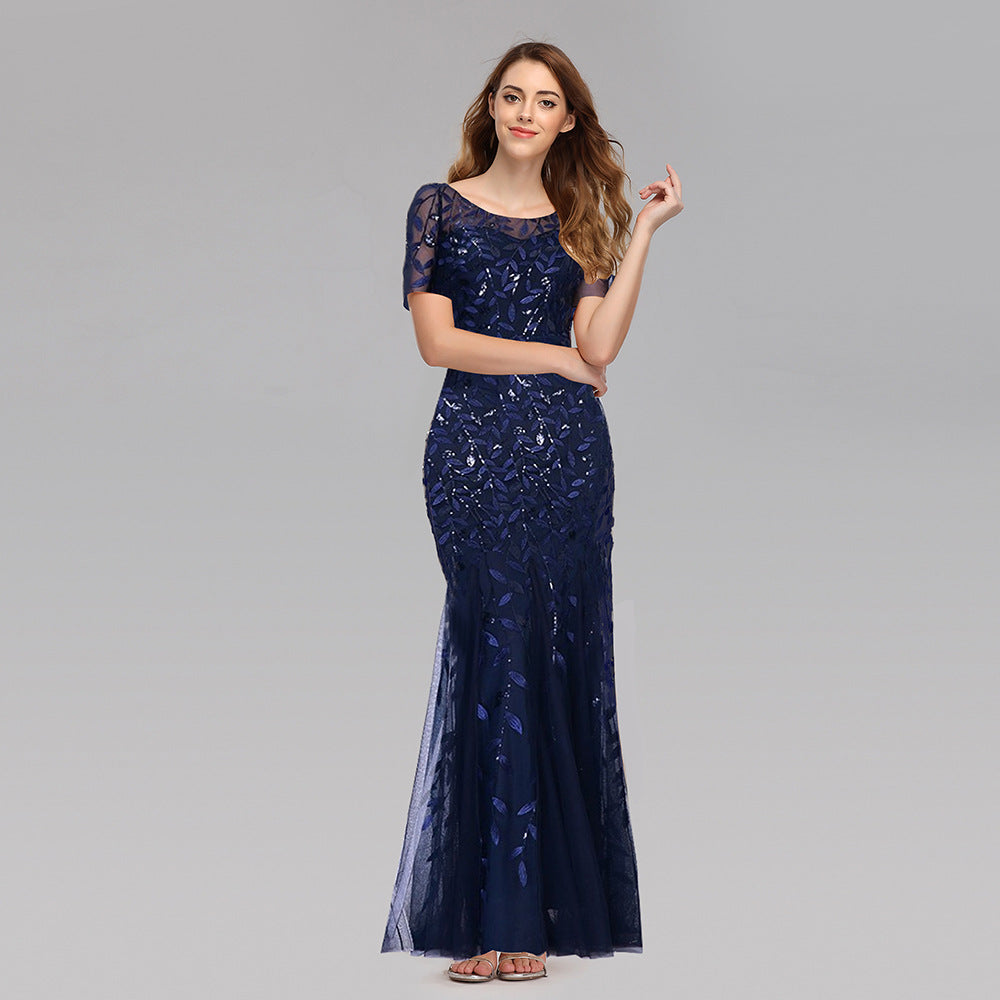 Sequin Round Neck Short Sleeve Mermaid Maxi Gown
