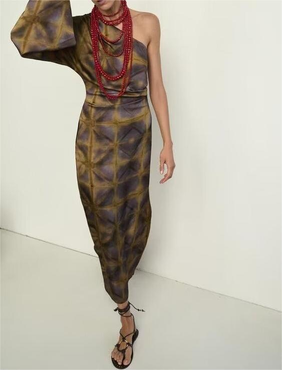 Spring Printing Asymmetric Fitted Waist Pleated Dress