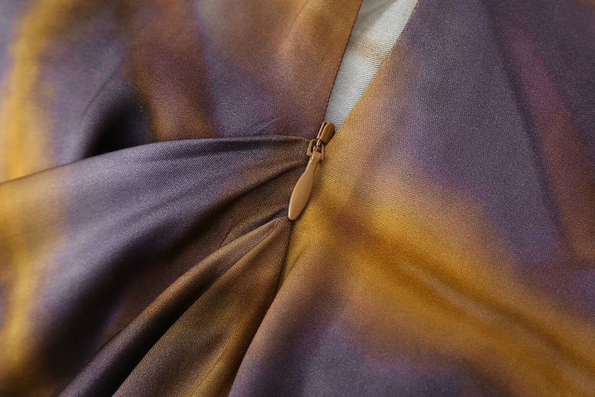 Spring Printing Asymmetric Fitted Waist Pleated Dress