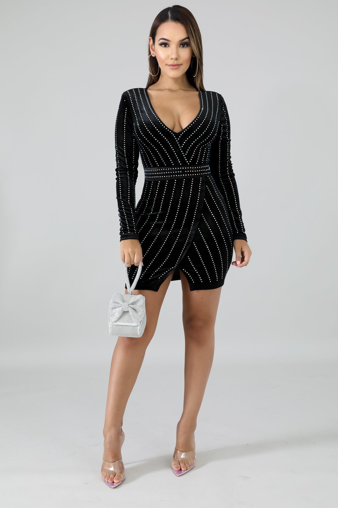 Velvet Deep V-Neck Long Sleeve Rhinestone Wrap Bodycon Mini Dress