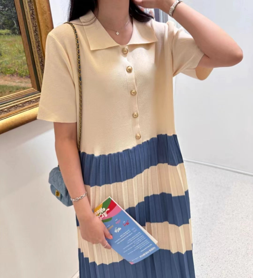 Summer Elegant Lapel Color Matching Pleated Knitted Dress Women Loose Slimming Short Sleeved Striped Long Dress
