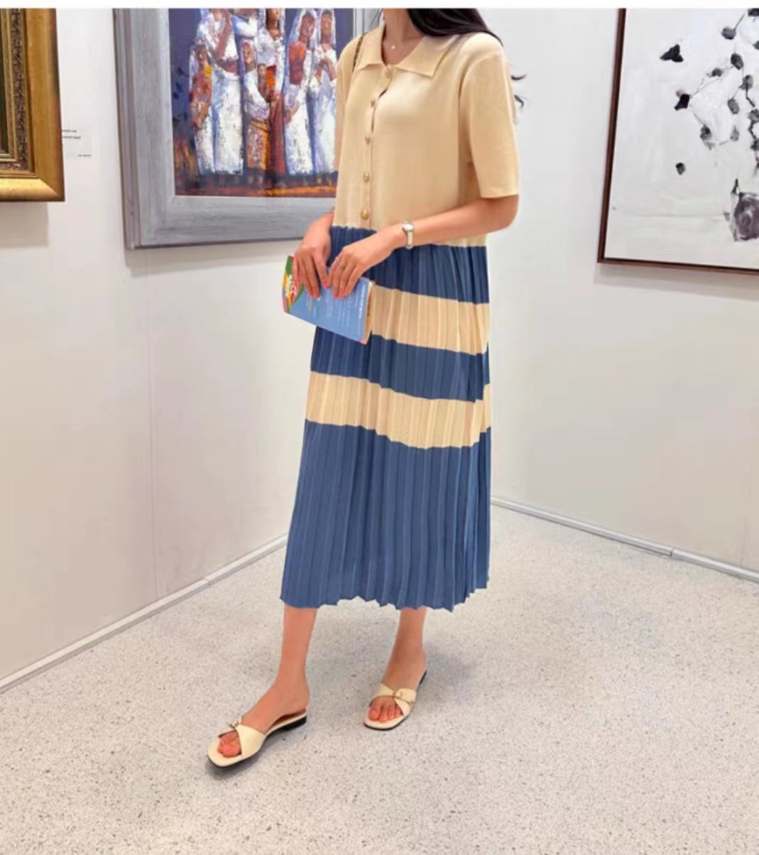 Summer Elegant Lapel Color Matching Pleated Knitted Dress Women Loose Slimming Short Sleeved Striped Long Dress