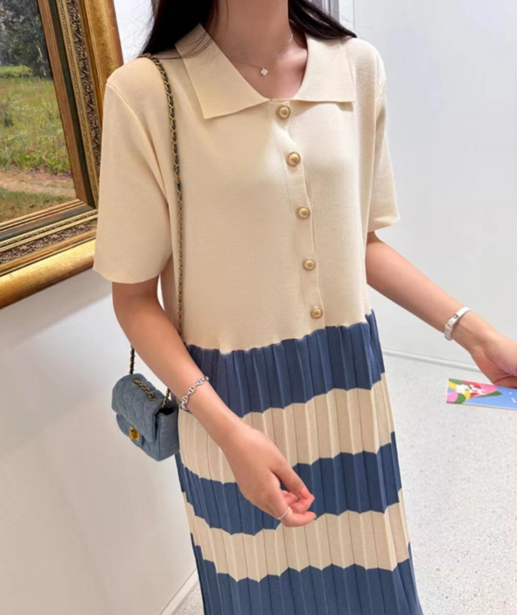 Summer Elegant Lapel Color Matching Pleated Knitted Dress Women Loose Slimming Short Sleeved Striped Long Dress