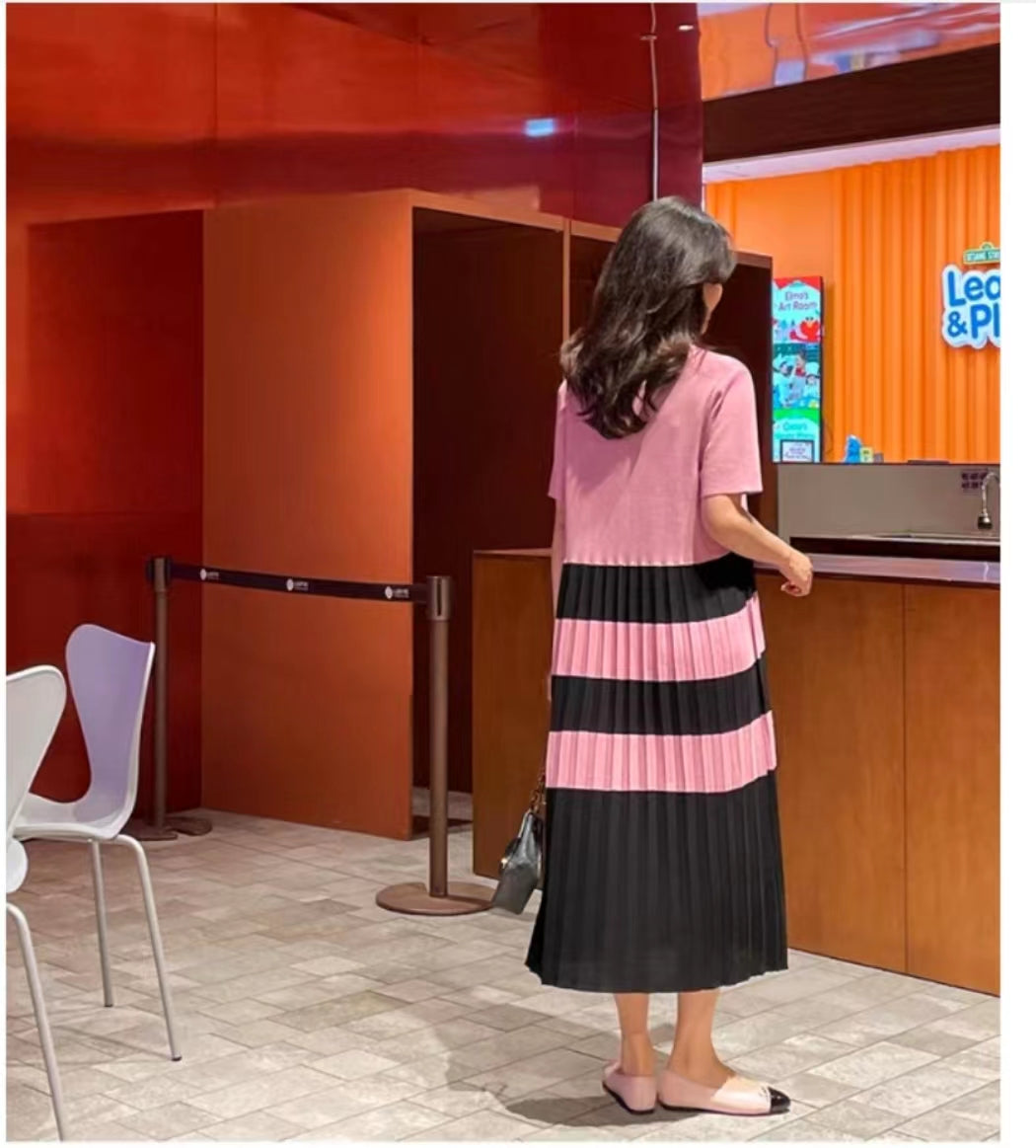 Summer Elegant Lapel Color Matching Pleated Knitted Dress Women Loose Slimming Short Sleeved Striped Long Dress