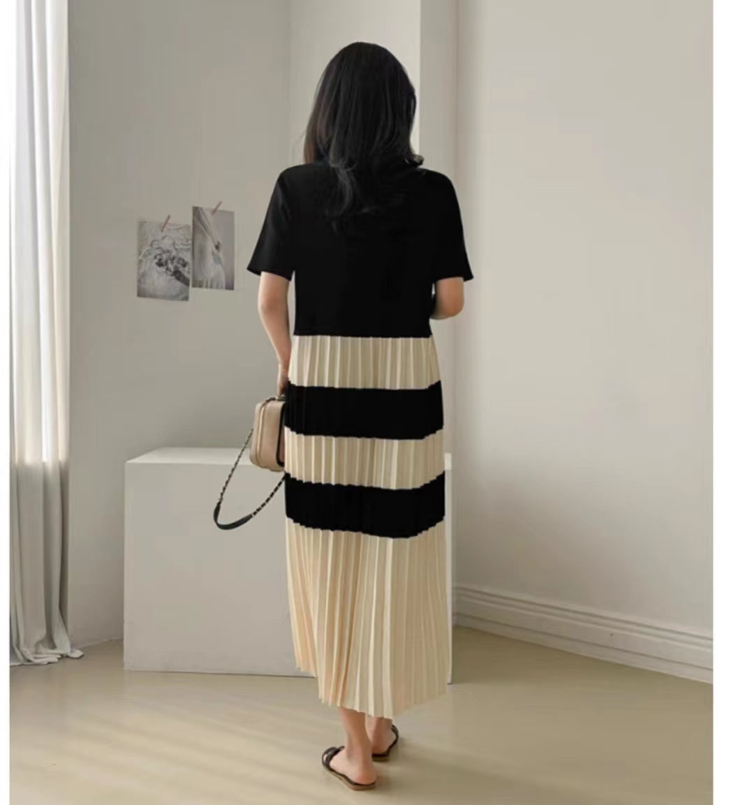 Summer Elegant Lapel Color Matching Pleated Knitted Dress Women Loose Slimming Short Sleeved Striped Long Dress