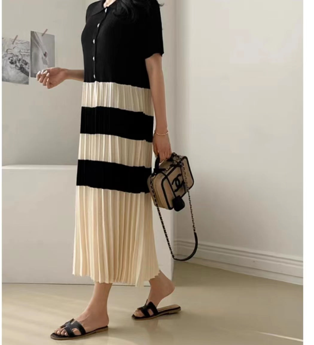 Summer Elegant Lapel Color Matching Pleated Knitted Dress Women Loose Slimming Short Sleeved Striped Long Dress