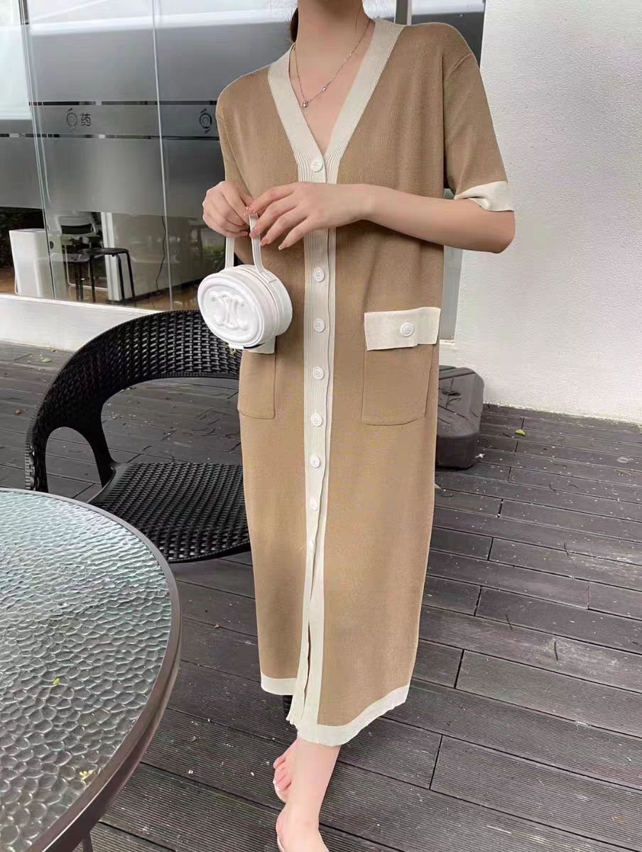 Knit Contrast Trim V-Neck Button Front Short Sleeve Pocket Midi Dress 9