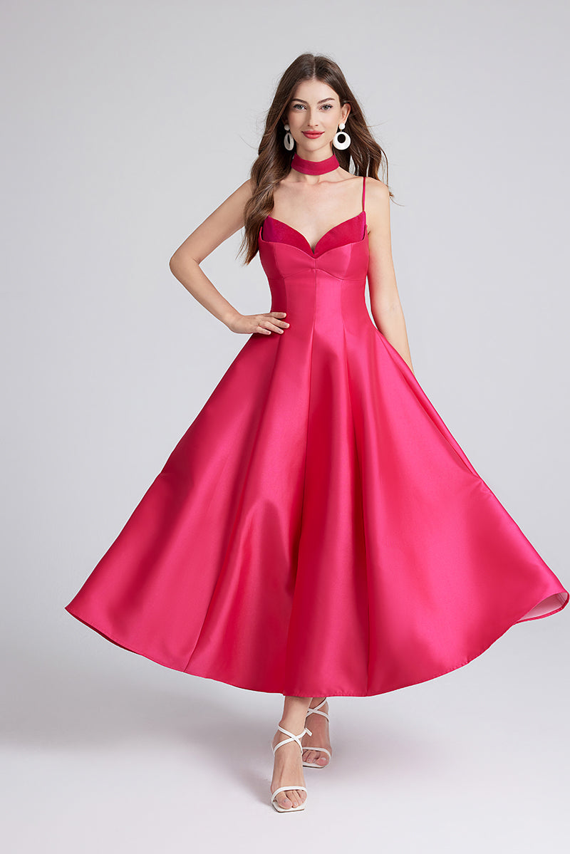 Satin Sweetheart Spaghetti Strap Choker Neck Fit and Flare Tea Length Gown