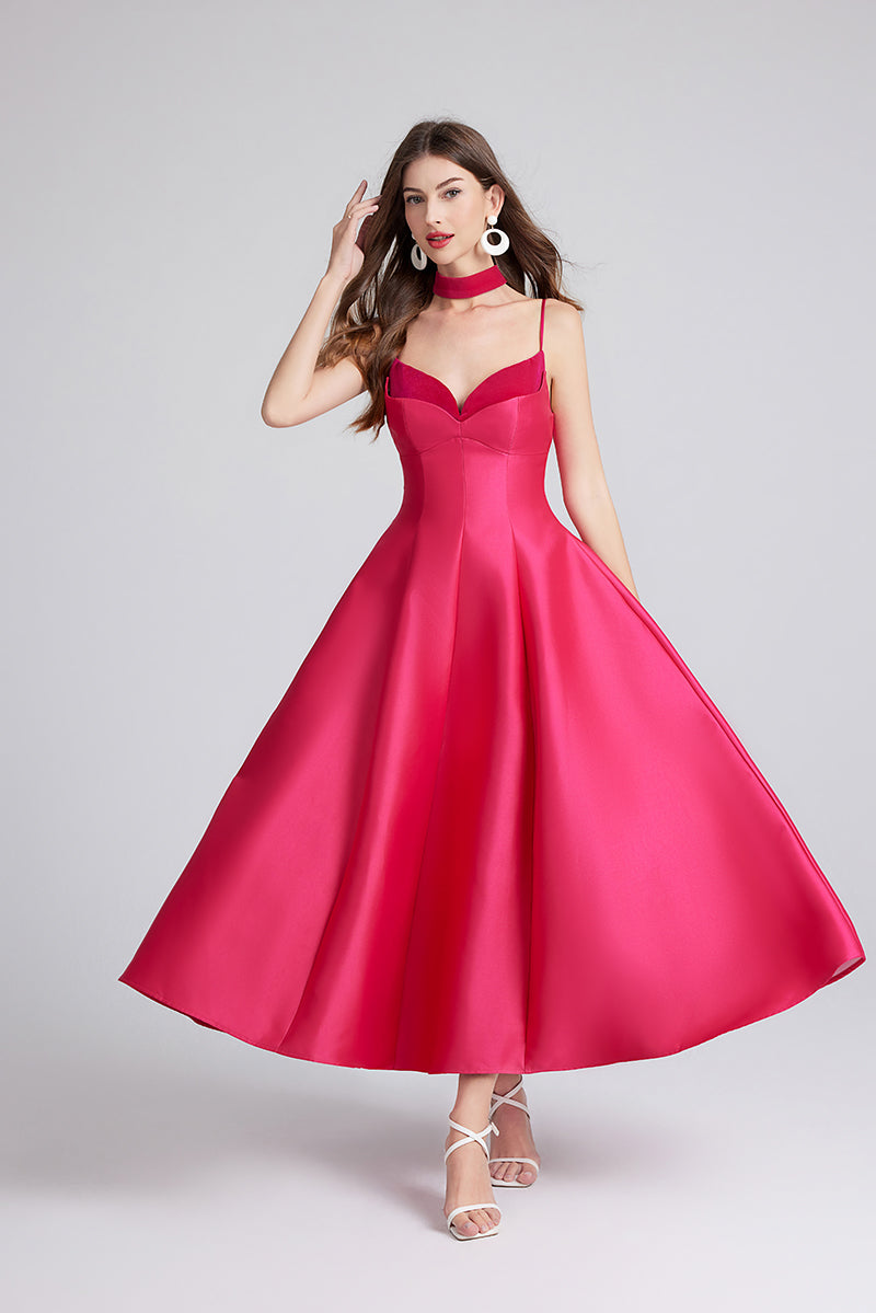 Satin Sweetheart Spaghetti Strap Choker Neck Fit and Flare Tea Length Gown