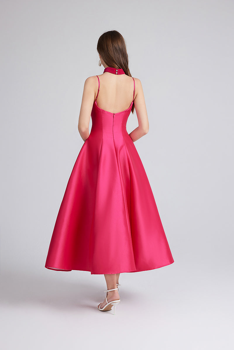 Satin Sweetheart Spaghetti Strap Choker Neck Fit and Flare Tea Length Gown