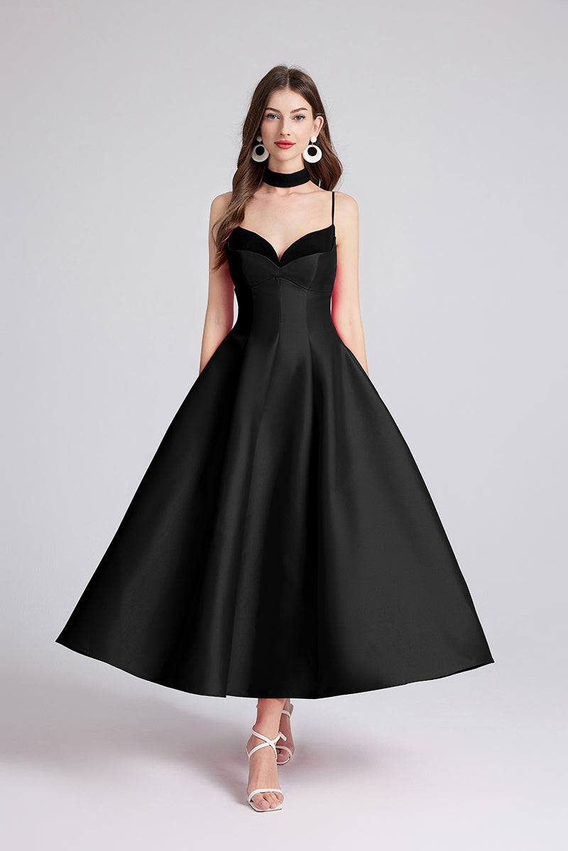 Satin Sweetheart Spaghetti Strap Choker Neck Fit and Flare Tea Length Gown