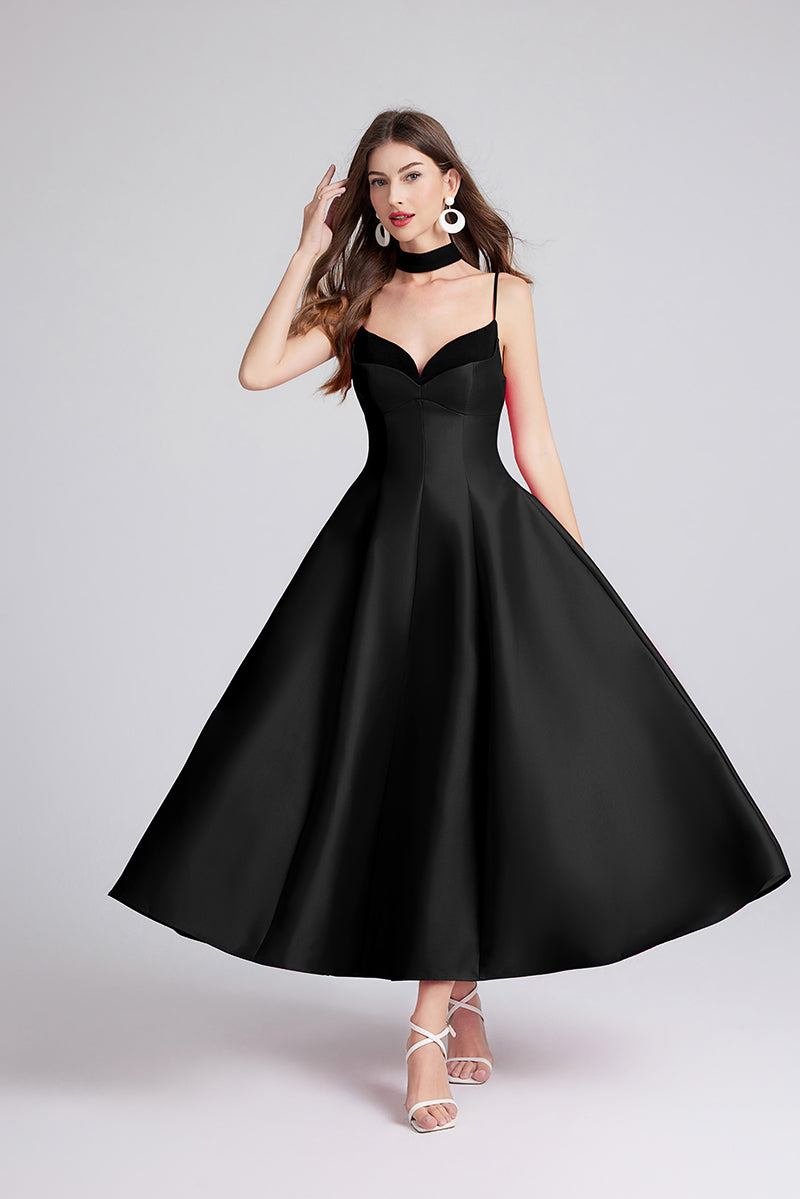Satin Sweetheart Spaghetti Strap Choker Neck Fit and Flare Tea Length Gown