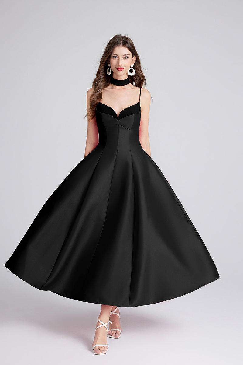 Satin Sweetheart Spaghetti Strap Choker Neck Fit and Flare Tea Length Gown