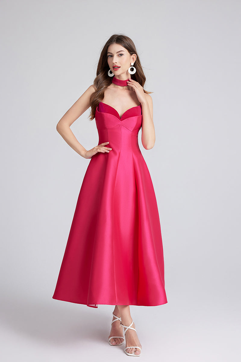 Satin Sweetheart Spaghetti Strap Choker Neck Fit and Flare Tea Length Gown