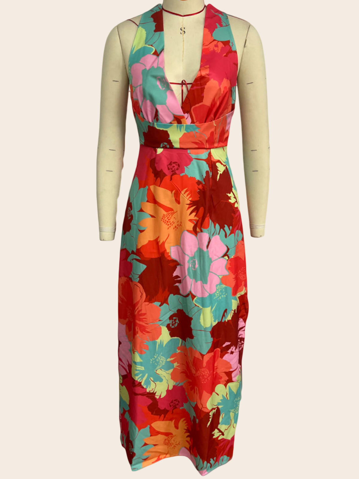 Watercolor Floral Print Halter Deep V-Neck Tie Waist Maxi Dress 5