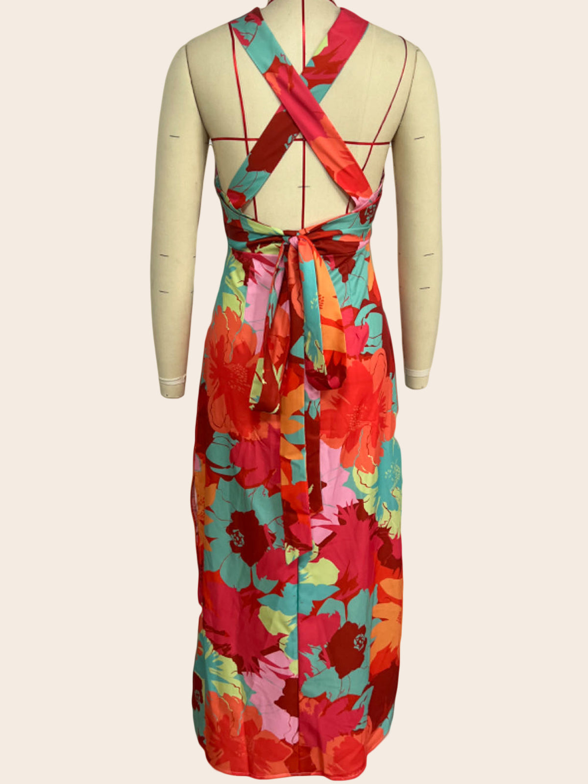 Watercolor Floral Print Halter Deep V-Neck Tie Waist Maxi Dress 6